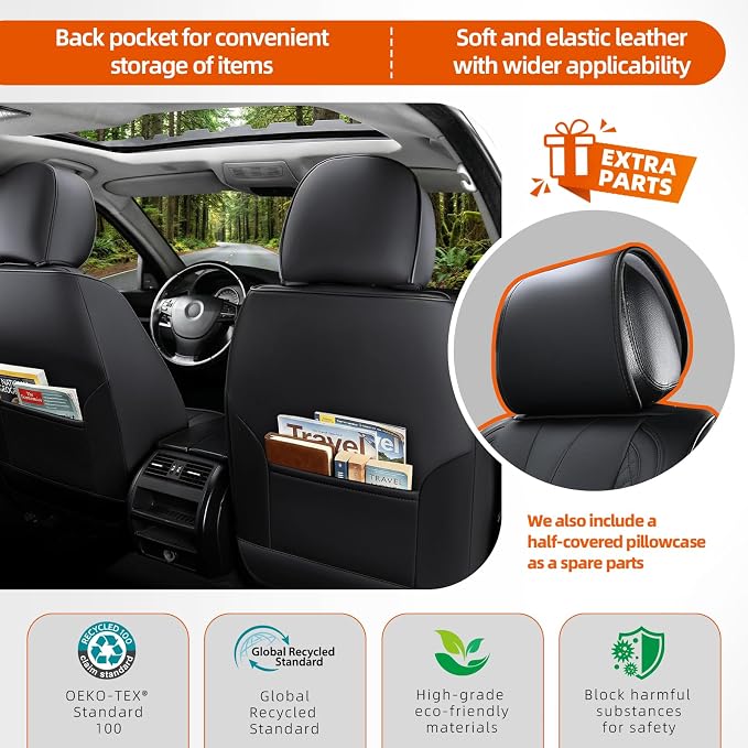 2-Seater Car Seat Covers Full Set Waterproof and Breathable Nappa Leather, Fit for Front Seats of Cars, Compatible with Airbags, Car Seat Protector Covers for Most Cars - Pure Black