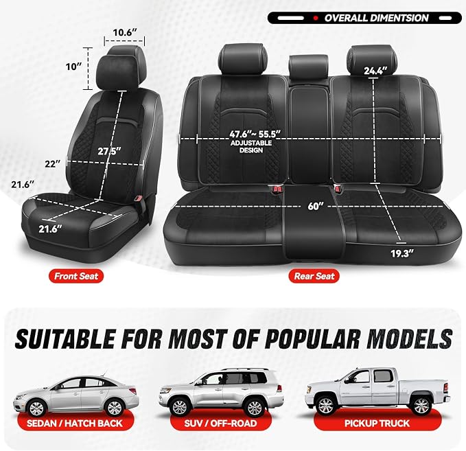 Auto Dynasty Car Seat Covers Full Set, Automotive Seat Covers for Cars Breathable Waterproof, Universal Anti-Slip Car Interior Protectors Compatible Airbag Fit Most Cars, Black, Voris Series