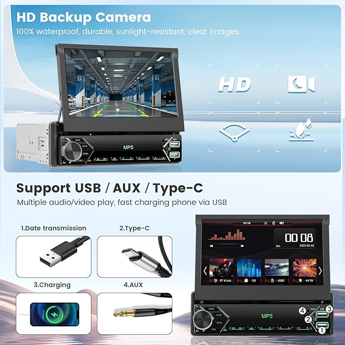 [Stable AM Radio] Hikity 7'' Single Din Car Stereo Carplay Android Auto, 7in Flip Out Touch Screen Car Radio Bluetooth Car Audio Receiver, SWC/Mirror Link, FM/EQ, Dual USB/Type-C, Free Backup Cam+Mic