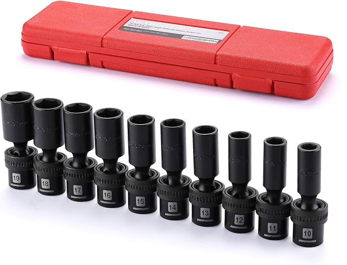 MIXPOWER 10-piece 3/8" Drive Deep Universal Impact Socket Set, 6 Point, Metric, 10-19 mm, Swivel Socket with Flexible Wobble, CR-MO Impact Grade…