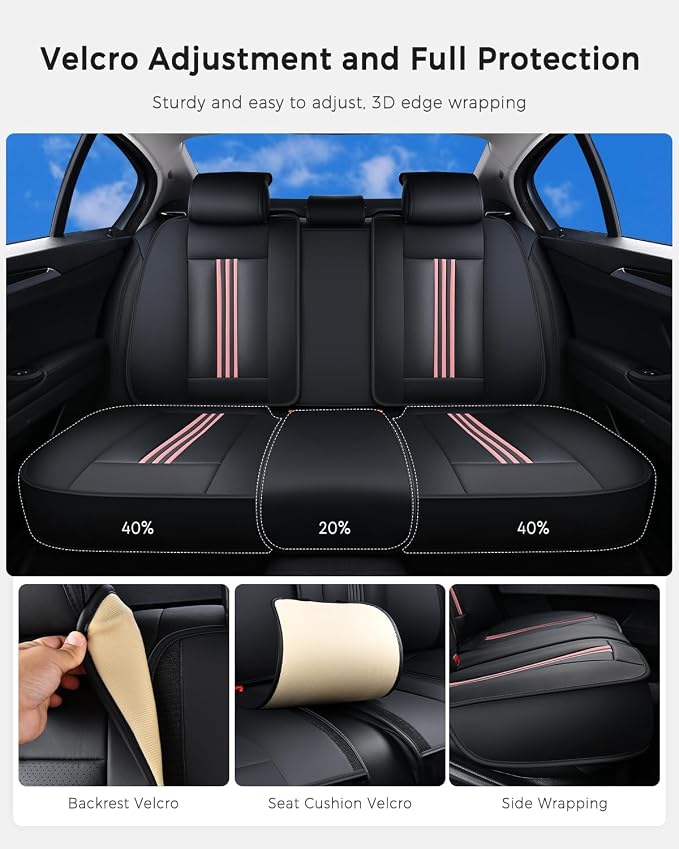Huidasource Rear Car Seat Cover, Nappa Leather Rear Seat Cover with Ventilation Holes, Velcro Adjustable, Compatible with Seat Belts, Child Seats, Universal Fit for Most Cars SUV Truck, Black＆Pink