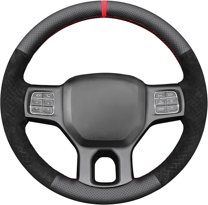 MEWANT Hand Stitch Black Real Leather Embossed Athsuede Steering Wheel Cover for Dodge RAM 1500 2012-2018 1500 Classic
