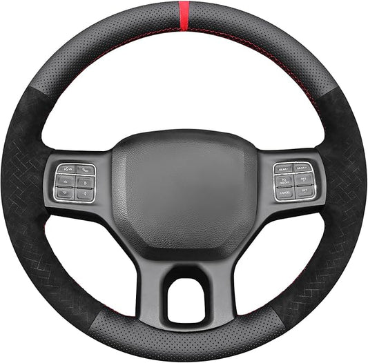 MEWANT Hand Stitch Black Real Leather Embossed Athsuede Steering Wheel Cover for Dodge RAM 1500 2012-2018 1500 Classic