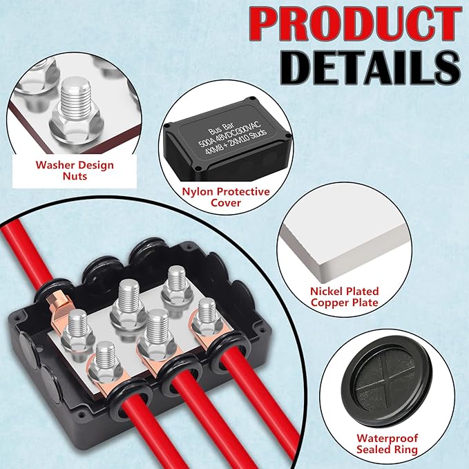 500A Marine Bus Bar Heavy Duty Power Distribution Block, Battery Busbar, Waterproof Automotive Buss Bar with 4X 5/16" (M8) +2X 3/8" (M10) Studs for Car, Boat and Solar Wiring (Black+Red)