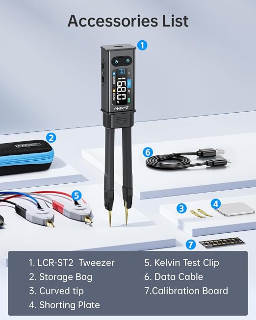 FNIRSI LCR-ST2 100kHz LCR ESR Meter Tweezer, SMD & Through-Hole Component Tester, Auto Sort Compare, Resistor, Inductor, Diode, Capacitor Tester, Measures Voltage & Continuity, Full-Band Scan