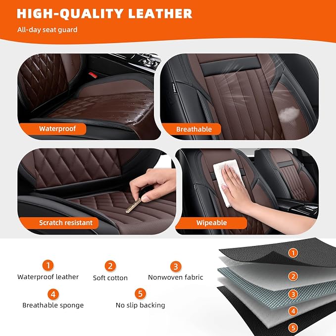 2-Seater Waterproof and Breathable Nappa Leather Car Seat Covers Full Set, Fit for Front Seats of Cars, Compatible with Airbags, Car Seat Protector Covers for Most Cars - Black Coffee