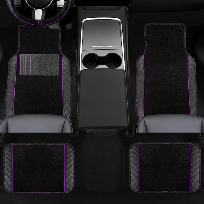 NBTEPEM 10 Pcs Car Floor Mats Full Set Car Accessories, Microfiber Leather Steering Wheel Covers 14.5-15 inch, Center Console Cover, Seat Belt Pads, Cup Coasters, Universal Interior Decor(Purple)