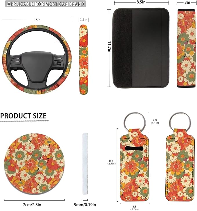 Groovy Flower Car Seat Cover for Women 12 Pcs，Beauty Hippie Floral Boho Coaster+15Inch Auto Steering Wheel Wrap+Keychains+Seatbelt Pads Universal Fit All Vehicles