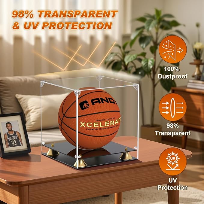 KOLIPI Basketball Display Case, Clear Acrylic Full Size Basketball Case Display with Double Layer Base, Assemble Soccer Showcase, Ball Holder Stand Box Protector for NBA WNBA Signed Ball Memorabilia
