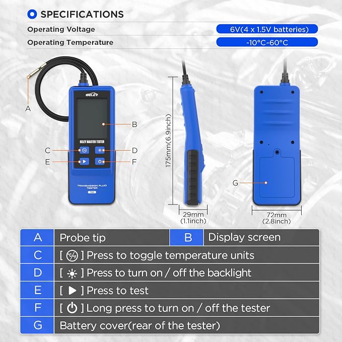 Transmission Fluid Tester Kit Gasoline & Diesel Gearbox Oil Diagnostic Tool High-Precision Diagnostic Analysis Tool with 31.5in Probe Transmittance/Temperature Testing, 2.8in Display (4 Batteries)