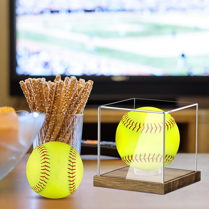 Clear Acrylic Softball Display Case with Wood Base, Memorabilia Stand Cube Holder, Dust Protection Transparent Storage Box for Single Ball Souvenir Softball Collections