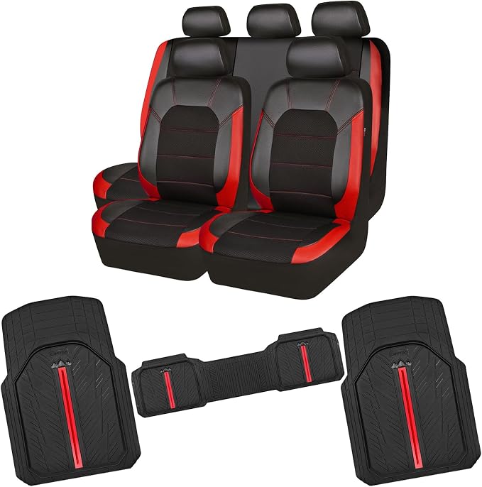 CAR PASS Universal Leather Seat Covers Full Sets, Waterproof Trim-to-Fit Rubber Floor Mats for Cars for SUV Sedan Van Truck, Airbag Compatible,Reserved Opening Holes for Headrest Covers(Black red)