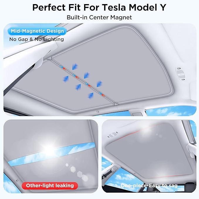 2026 Upgraded for Tesla Model Y Accessories Sunshade Roof [No Sag, Ice-Crystal Cooling Coatings] Heat Insulation Glass Roof Sun Shade for Tesla Model Y Accessories 2020-2024 Beige