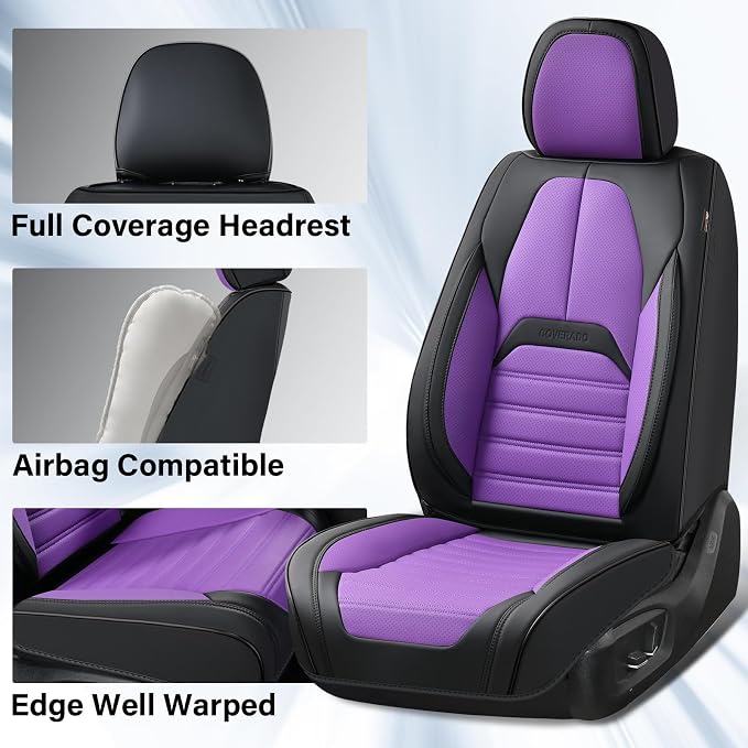 Coverado Waterproof Nappa Leather Car Seat Covers, Automotive Seat Covers，Front Car Seat Cushion & Car Seat Protector, Seat Covers Universal Fit for Most Cars, SUVs,Trucks,Black&Purpe