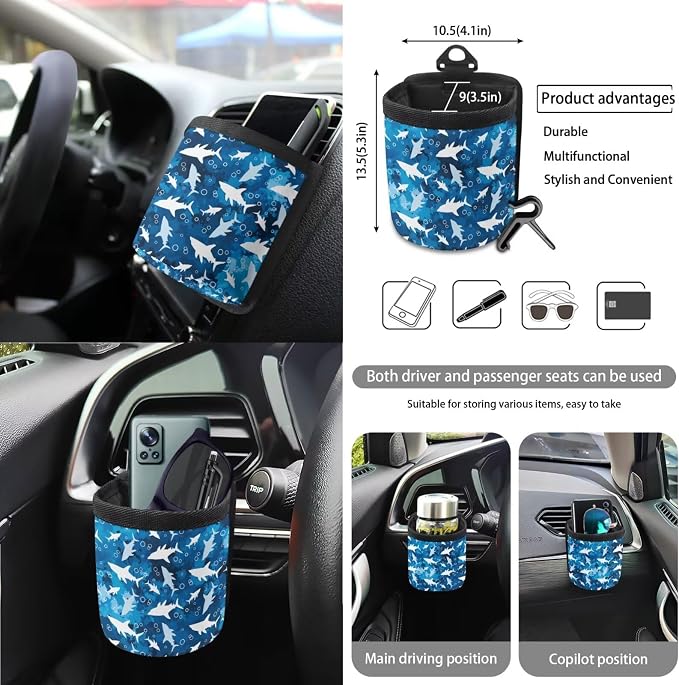 Shark Print Car Seat Cover Cute Full Set 15Pcs Car Accessories Universal Steering Wheel Cover Safety Belt Pads Rear View Mirror Protector Garbage Bag for Truck Sedan SUV Van