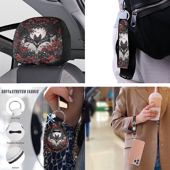 Bat Rose Floral Print 13 Pack Car Accessories for Womens Halloween Bats Pattern Seatbelt Pad Armrest Cushion Keychain Cup Holder Coaster Pads Decor Accessory