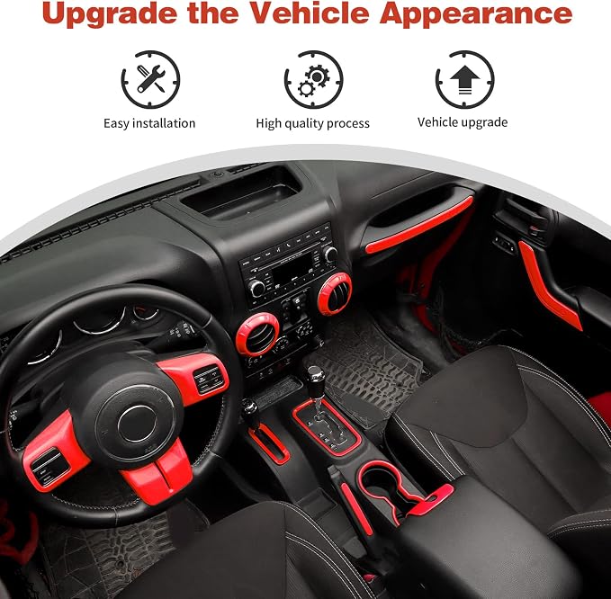 CheroCar 18PCS Interior Trim Kit for Jeep Wrangler JK JKU 2011-2018 4 Door,Steering Button Frame, Air Conditioning Vent Trim Cup Holder Cover,Gear Shift Knobs Frame,Red…