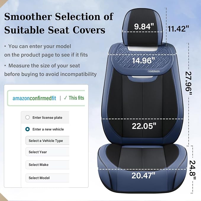 Coverado Front Seat Covers, Breathable Nappa Leather Car Seat Cover, Universal Seat Covers for Cars, Waterproof Car Seat Protector, Driver Seat Cover Fit for Most Cars(Blue&Black)