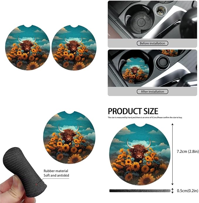 Highland Cow 13 Pcs Car Seat Covers, Sunflower Universal Driver Seat Cover Protector Armrest Pad, Farm Highland Cattle Steering Wheel Armrest Cover Seatbelt Cup Mats