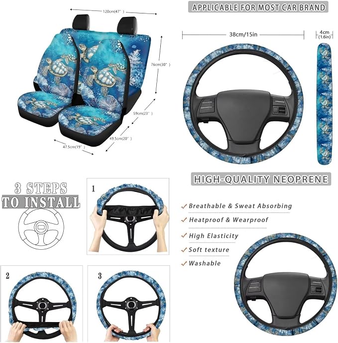 Suobstales Turtle Water Plants Print Car Accessories Car Seats Cover Protector, Steering Wheel Covers, Seatbelt Cover, Car Trash Can, Cup Coasters, Rearview Mirror Cover, Keychains, Pack of 13