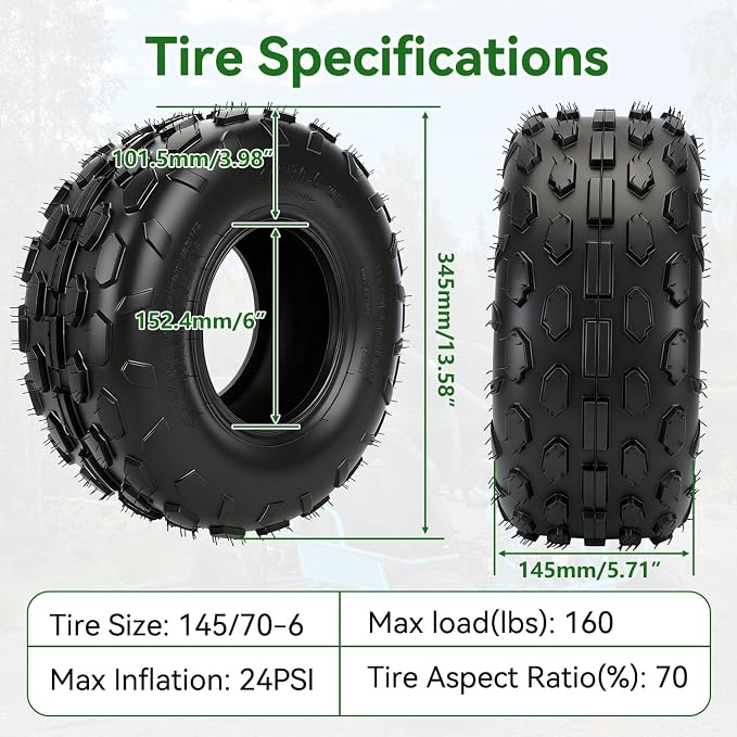 145/70-6 145 70 6 Tire Tubeless Compatible with Mini Bike GMB100 Coleman CT100U CC100X RB100 Go Kart KT196 Baja Doodle Bug DB30 Motovox Mega Moto 80cc 105cc Kazuma ATV Quad 4 Wheeler UTV
