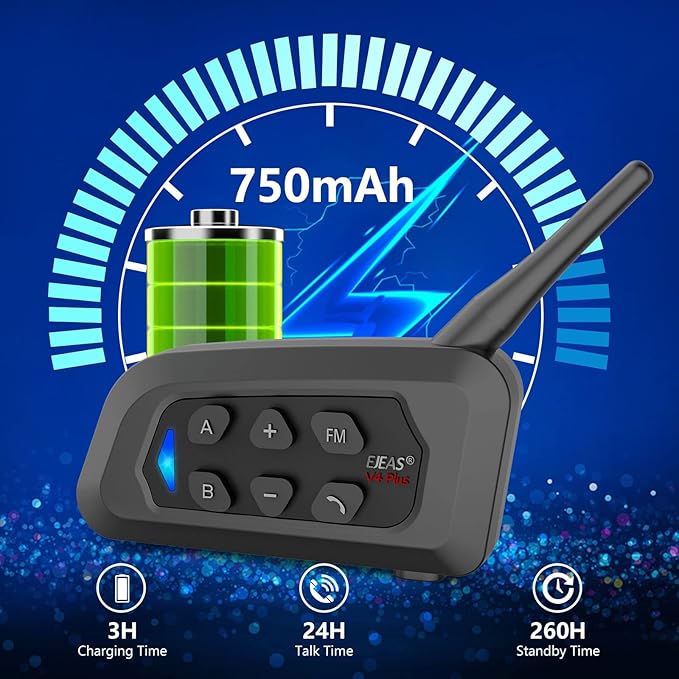 EJEAS V4 Plus Helmet Communication System, Motorcycle Bluetooth V5.1 Headset 1500m Helmet Intercom with Noise Reduction/3D Sound/FM Radio/Hands-Free, Ideal for 2 to 4 Riders Group Talking (1PC)
