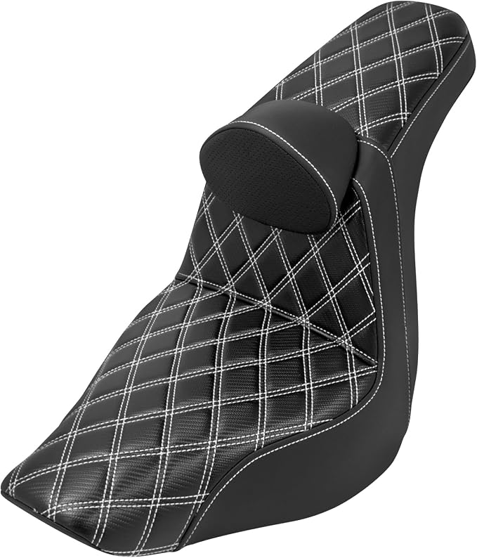 One-Piece Driver Passenger Seat Motorcycle 2-Up Seat with Driver Backrest Cushion Pad Fit for Harley Sport Glide FLSB Low Rider FXLR FXLRS FXLRST 2018-later (White Stitching)