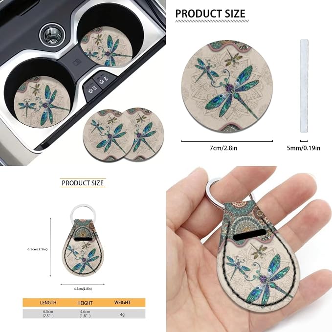 Xoenoiee Boho Mandala and Dragonfly Print Car Seat Covers and Accessories, Front Rear Seat Covers, Steering Wheel Cover, Seat Belt Pads, Coasters, Keychains for Car SUV Decor, 11 PCS Set