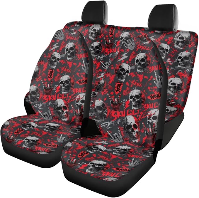 Halloween Skull Prints Car Seat Covers Full Set with Steering Wheel Cover Floor Mats Armrest Cover Seat Belt Pads Roof Handle Wraps Cup Coaster Keychains 18 Pcs Auto Interior Accessories