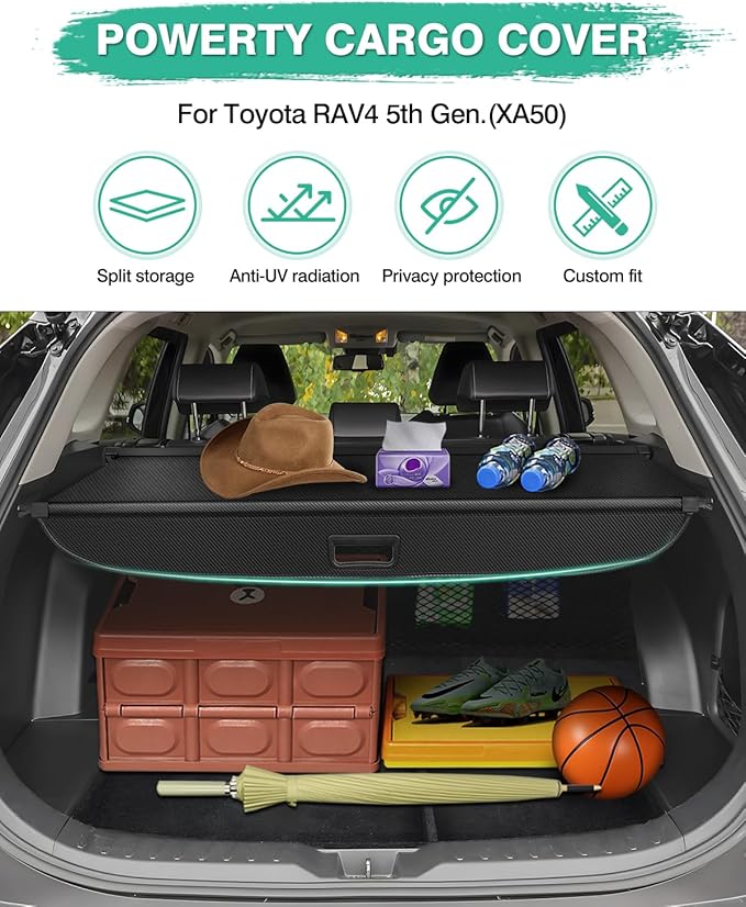 Powerty Retractable Cargo Cover for 2019-2025 Toyota RAV4-Carbon Fiber Texture Trunk Cover Privacy Screen Rear Security Shade for RAV4 Accessories with Storage Net