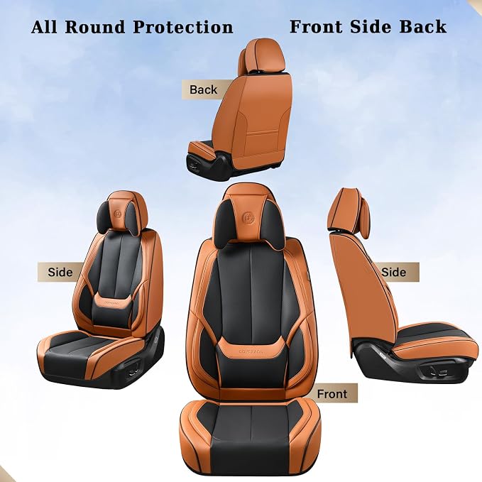 Coverado Universal Seat Covers Full Set, Universal Seat Covers for Cars, 5 Seats Waterproof Nappa Leather Car Seat Covers with Head Pillow, Auto Protectors Fit for Most SUV Pick-up Truck-Black&Brown