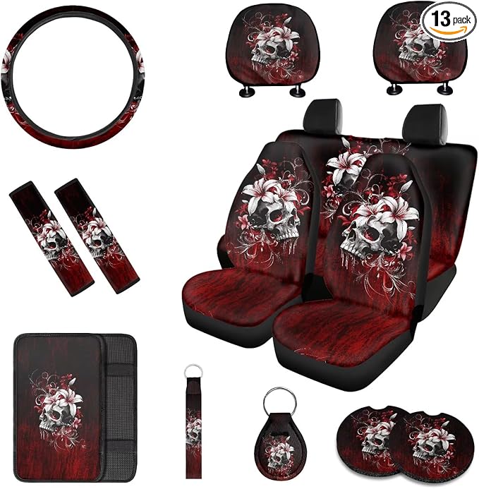 Bloody Hibiscus Skull Car Seat Cover Full Set of 13, with Front & Rear Seats, Seat Belt Covers, Armrest Covers, Keychains, Coasters, Universal Fit for SUV Trucks Sedan