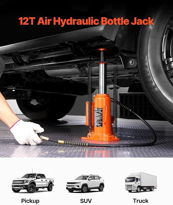 VEVOR Air Hydraulic Bottle Jack, 12 Ton/26455 lbs Pneumatic Hydraulic Bottle Jack with 10.43''-19.88'' Lifting Range & Manual Hand Pump, for Pickup, Truck, RV, Auto Repair, Industrial Engineering