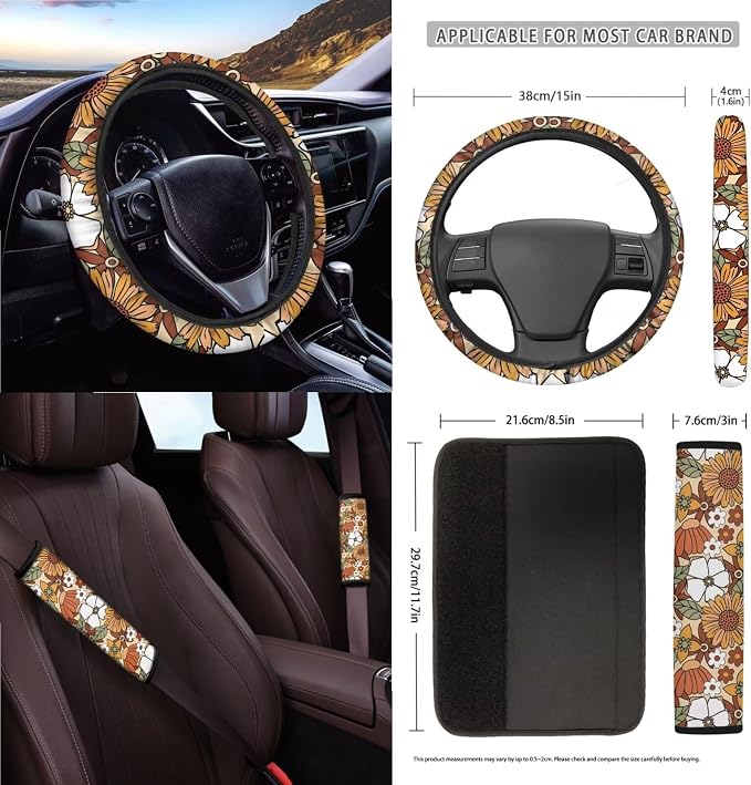 Vintage Sunflower Daisy Print Car Seat Covers 15Pcs Full Set Car Steering Wheel Cover Seat Belt Cover Trash Bin Air Vent Storage Box Rear View Mirror Car Cup Holder Keychain
