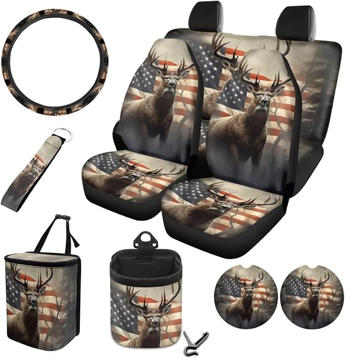 Deer American Flag Pattern Car Accessories Set of 10, Anti Slip Front/Back Bench Bucket Seat Cover, Steering Wheel Cover, Car Trash Can, Cup Coasters, Keychain, Air Vent Pocket Bag