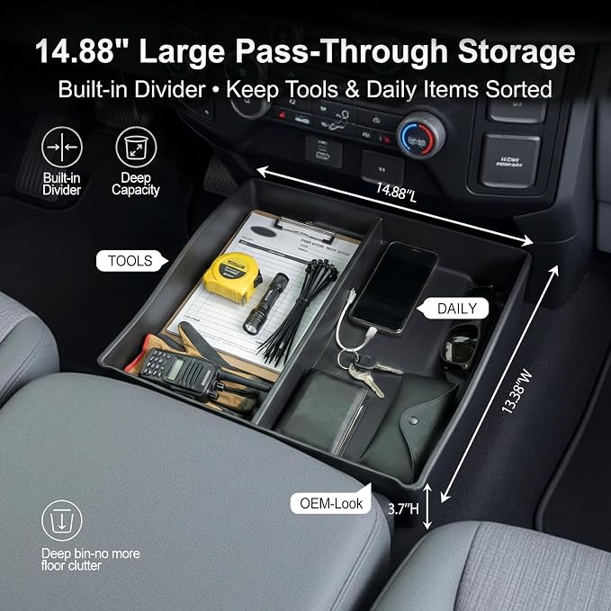 Center Console Floor Organizer for 2015-2026 Ford F150 & 2017-2026 F250 F350 F450 Super Duty Accessories, Beach Seat Front Storage Box Tray, Interior Accessories for f-150 (Jump Seat ONLY)