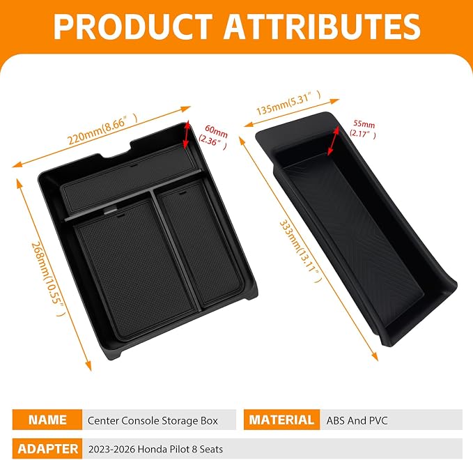 Center Console&2nd Row Armrest Organizer Compatible with 2023-2026 Honda Pilot (Only Fits for 8 Seats) Storage Box for Pilot Accessories