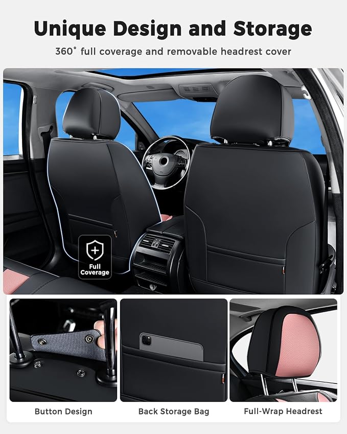 Huidasource Car Seat Covers Front Seats Luxury Nappa Leather, Front Seat Covers with Airbag, Front Storage Pocket, Lumbar Support, Cooling＆Heating, Universal Fit for Most Cars SUV Trucks, Black&Pink