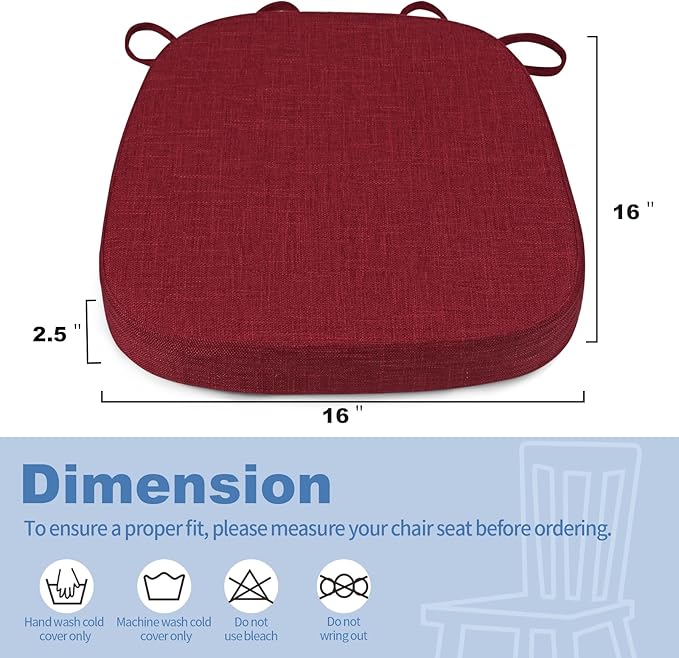 BUYUE Thickened 2.5" Dining Chair Cushions Set of 4, U-Shape High Density Foam Comfortable Chair Pads for Kitchen, Slip Resistant Indoor Seat Cushions (4 PCS, Red)