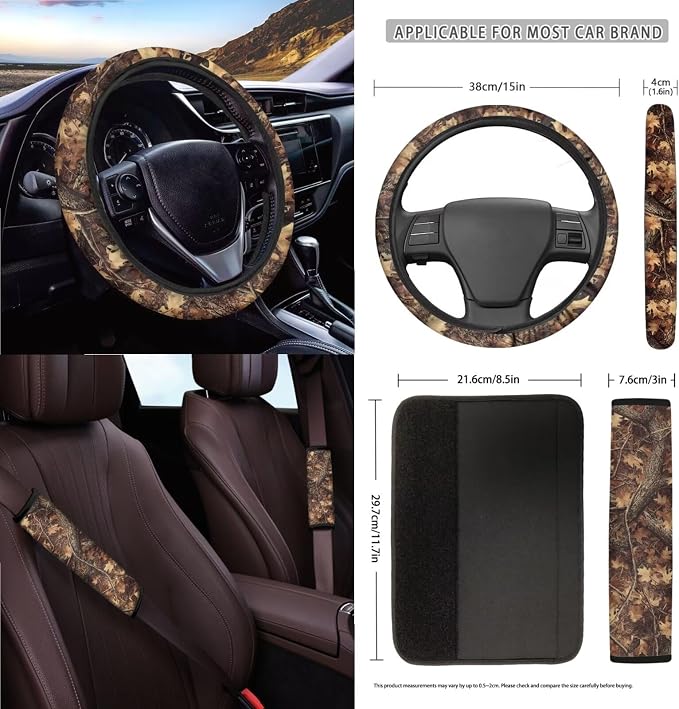 Hunting Camo Print Car 15pcs Accessories, Full Set Seat Covers for Cars Steering Wheel Cover Seat Belt Pads Trash Can Air Vent Pocket Mirror Cushion Coasters Universal Fit