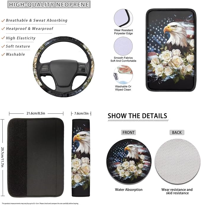 Lotusorchid Eagle Rose Print Car Seat Covers Full Set American Flag Print Front and Rear Seat Cover with Safety Belt Pads Armrest Pad Gear Shift Lever Protector Cup Coaster for Truck Sedan SUV