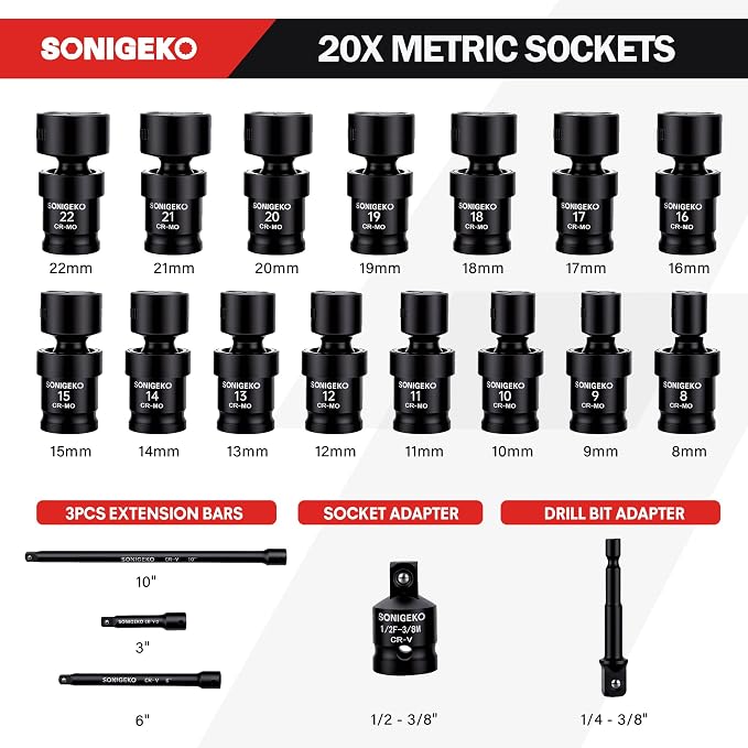 20-Piece 3/8" Drive Impact Swivel Socket Set, CR-Mo, Metric Universal Joint Socket 8mm-22mm, 6-Point, Comes with Extension Bars, Universal Joint, 1/2" to 3/8" & 1/4" to 3/8" Reducer Adapters