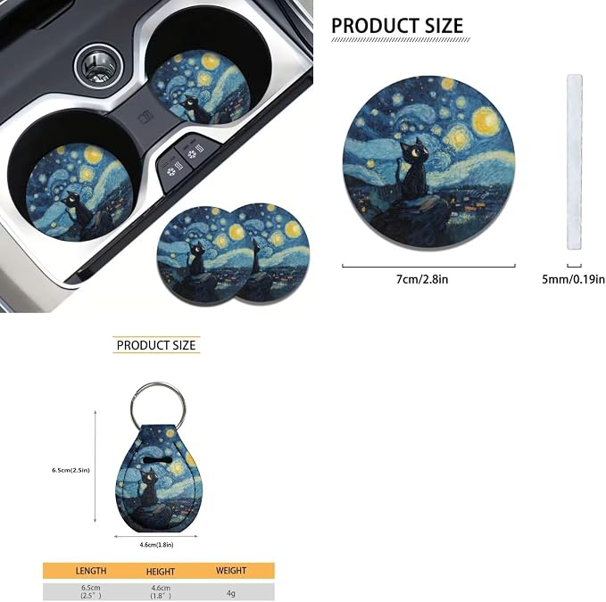 Xoenoiee Blcak Cat Starry Night Print Car Seat Covers and Accessories, Front Rear Seat Covers, Steering Wheel Cover, Seat Belt Pads, Coasters, Keychains for Car SUV Decor, 11 PCS Set