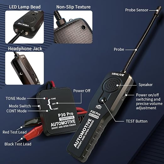 P30 Pro Circuit Tracer with Dual LED Lights, Automotive Electrical Open & Short Finder, Fault Probe Cable Tester, Diagnostic Tool for Vehicle Wiring Repair, Cable Toner for DC 6-42V