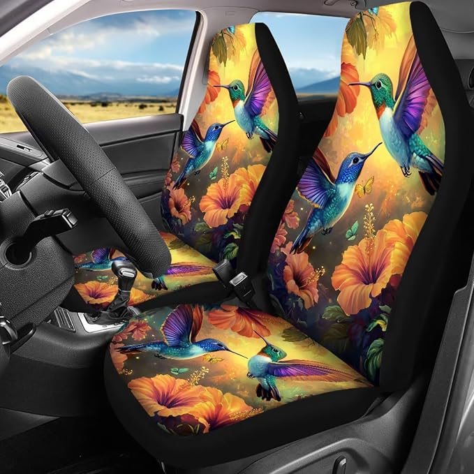 Hummingbird Flowers Car Seat Cover Set 17 Pack Hummingbird Car Interior Accessories Full Set with Seat Belt Shoulder Pad Car Arm Rest Cover Pad Universal Automotive Carpet Floor Mats Set of 4