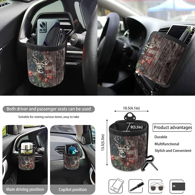 Deer Wood American Flag Print Auto Seat Covers Full Set, Maple Leaf 10 Pcs Universal Fit Car Accessories Steering Wheel Cover Car Trash Bin Keychain Coasters Air Vent Storage Box