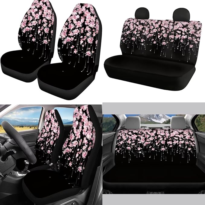 Mumeson Cherry Blossom Car Seat Covers Set with Steering Wheel Cover + Safety Seat Belt Pads + Armrest Cushion Pad for Car 8 Pack Car Accessories Decor for Womens
