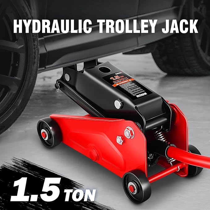 DNA Motoring Low Profile Hydraulic Trolley Service/Floor Jack, 1.5 Ton (3000 lbs) Capacity, Lifting Range 5.5"-15.35",Red, TOOLS-00675-RD