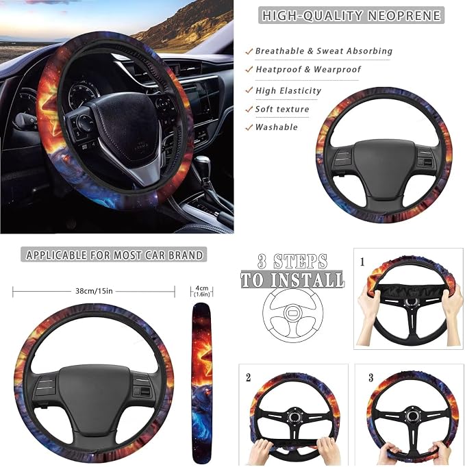 Wolf Fire Galaxy Pattern Car Accessories Car Seat Covers Full Set with Steering Wheel Covers+Seat Belt Pads+Coasters+Keychain+Lipstick Holder Universal Fit(13 Pack)