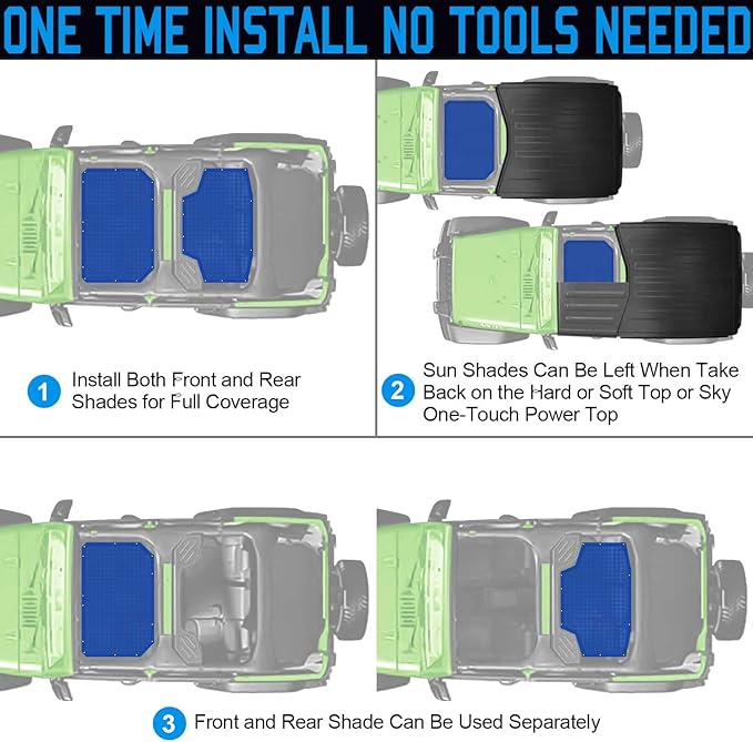 JK Sun Shade Top Compatible with Jeep Wrangler 4 Door 2007 to 2018 Sunshade Sunroof Bikini Cover Blocks UV Wind Noise Blue Mesh for Front and Rear 2 pcs
